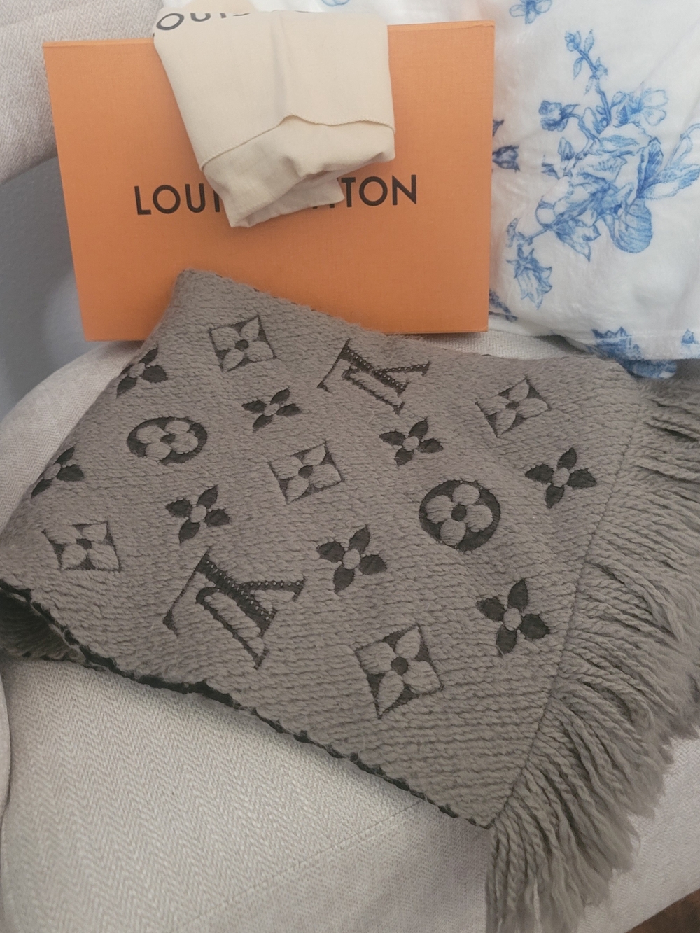Authentic Louis Vuitton Gray Monogram Fringe Scarf Authentic Wool And Silk